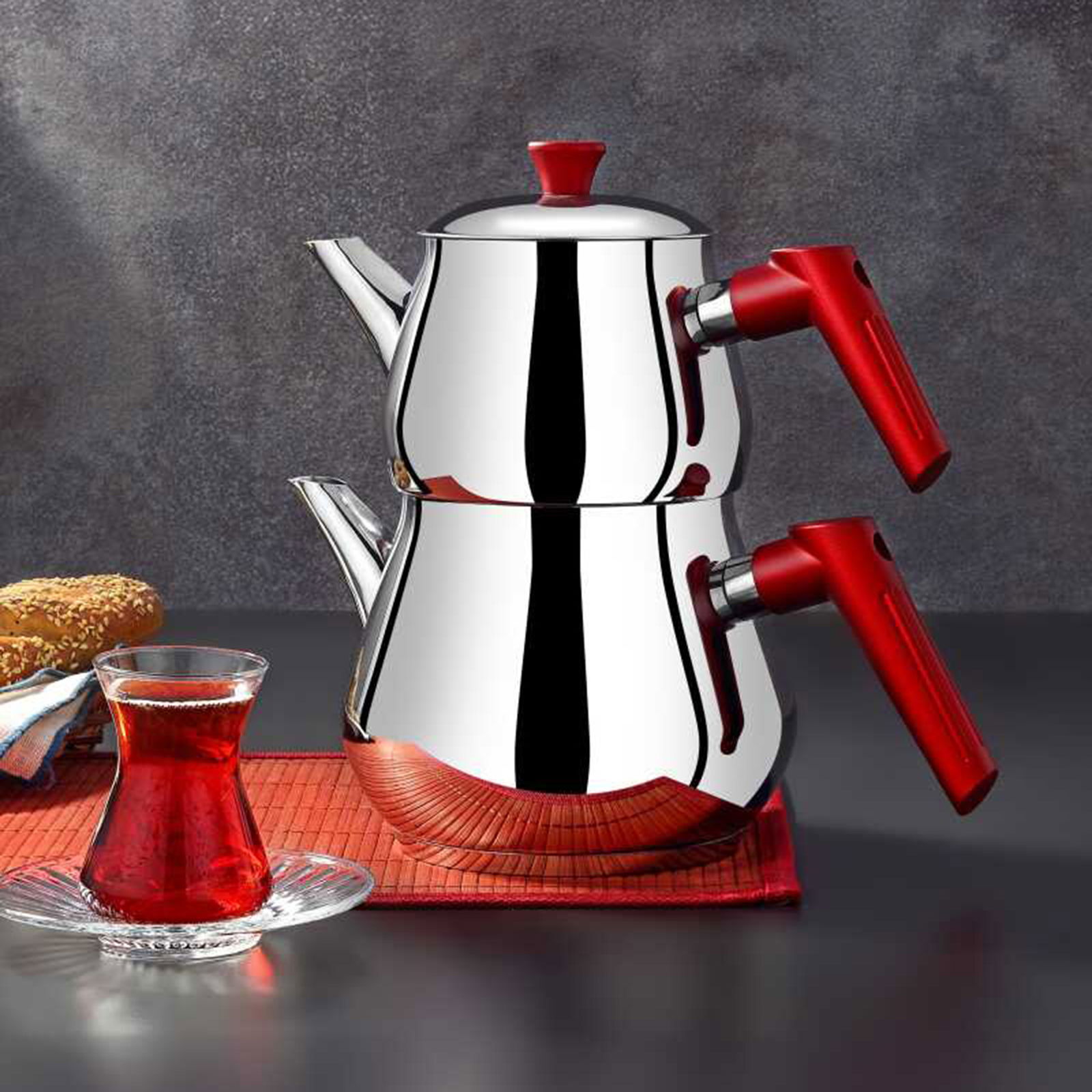 Çaykara Soft Midi Çelik Çaydanlık Takımı - Gri / Kırmızı - 1,8 lt + 1 lt