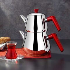 Çaykara Soft Midi Çelik Çaydanlık Takımı - Gri / Kırmızı - 1,8 lt + 1 lt