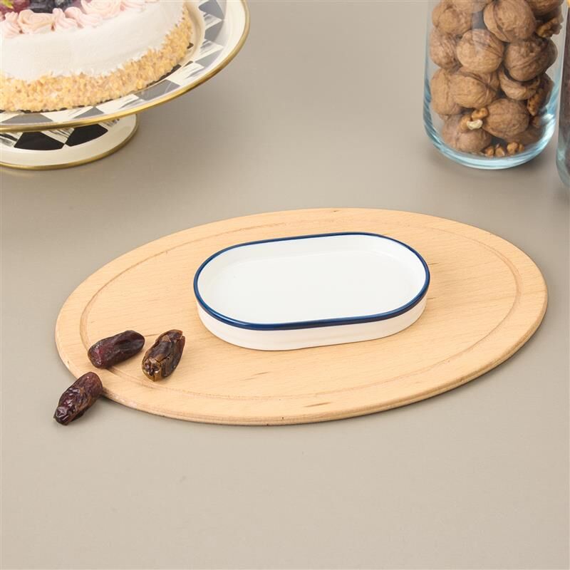 Pure Porselen Oval Mini Sunum Tabağı - Beyaz / Mavi - 15 cm