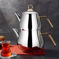 Çayeli Mini Çelik Çaydanlık Takımı - Gri / Gold - 1,2 lt + 800 ml