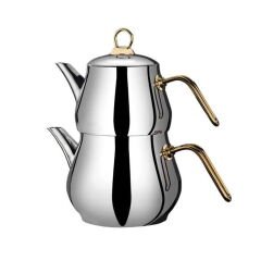 Çayeli Mini Çelik Çaydanlık Takımı - Gri / Gold - 1,2 lt + 800 ml