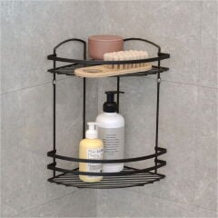 2 Katlı Lamalı Banyo Köşe Rafı - Siyah