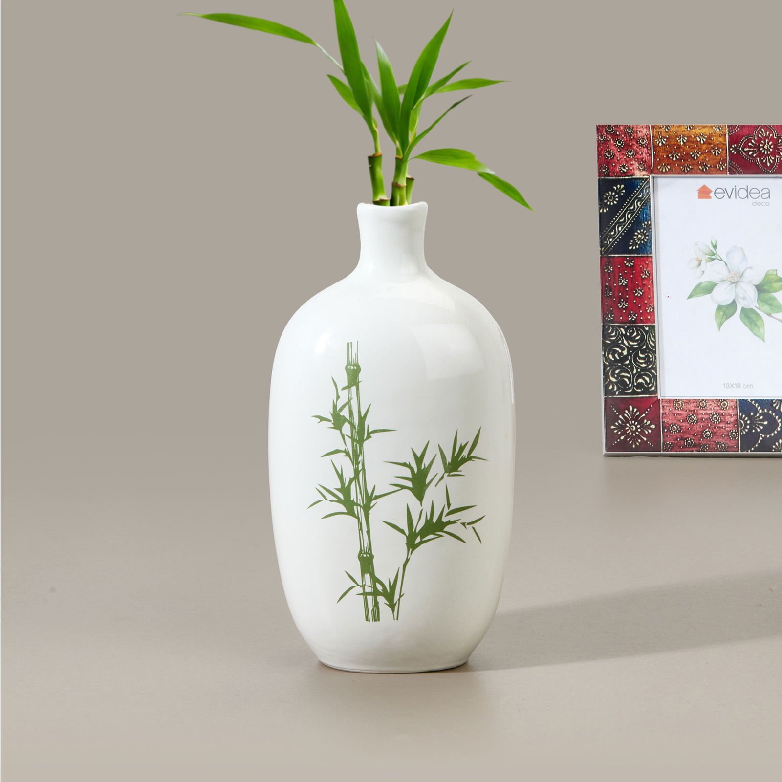 Deco Blad Vazo - Beyaz / Yeşil - 12x29 cm