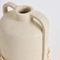 Kulplu Doğal Hasır Örgülü Seramik Vazo - Bej - 19 cm