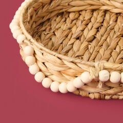 Boncuklu Su Sümbülü Dekoratif Tepsi - Bej - 33 cm