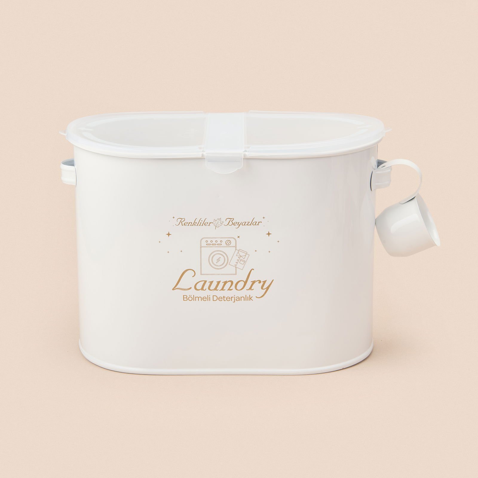Bath 2 Bölmeli Plastik Kapaklı Metal Deterjan Kutusu - Beyaz - 12 lt