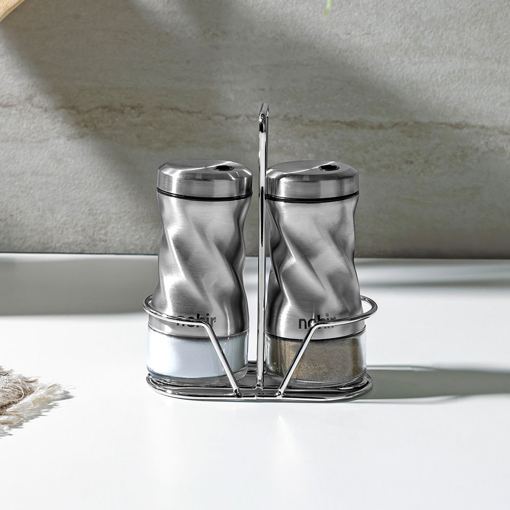 Burgulu Stantlı Paslanmaz Çelik Baharatlık Seti - Gri