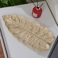 Deco Leaf Dekoratif Tabak - Beyaz / Gold - 37x16 cm