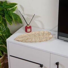 Deco Leaf Dekoratif Tabak - Beyaz / Gold - 37x16 cm