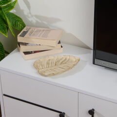 Deco Leaf Dekoratif Tabak - Beyaz / Gold - 24x16 cm
