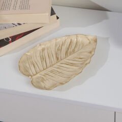 Deco Leaf Dekoratif Tabak - Beyaz / Gold - 24x16 cm