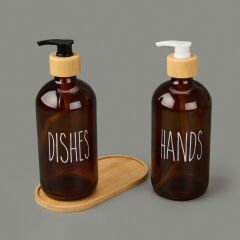 Star Ahşap Stantlı 2'li Cam Sıvı Sabunluk - Amber / Renkli