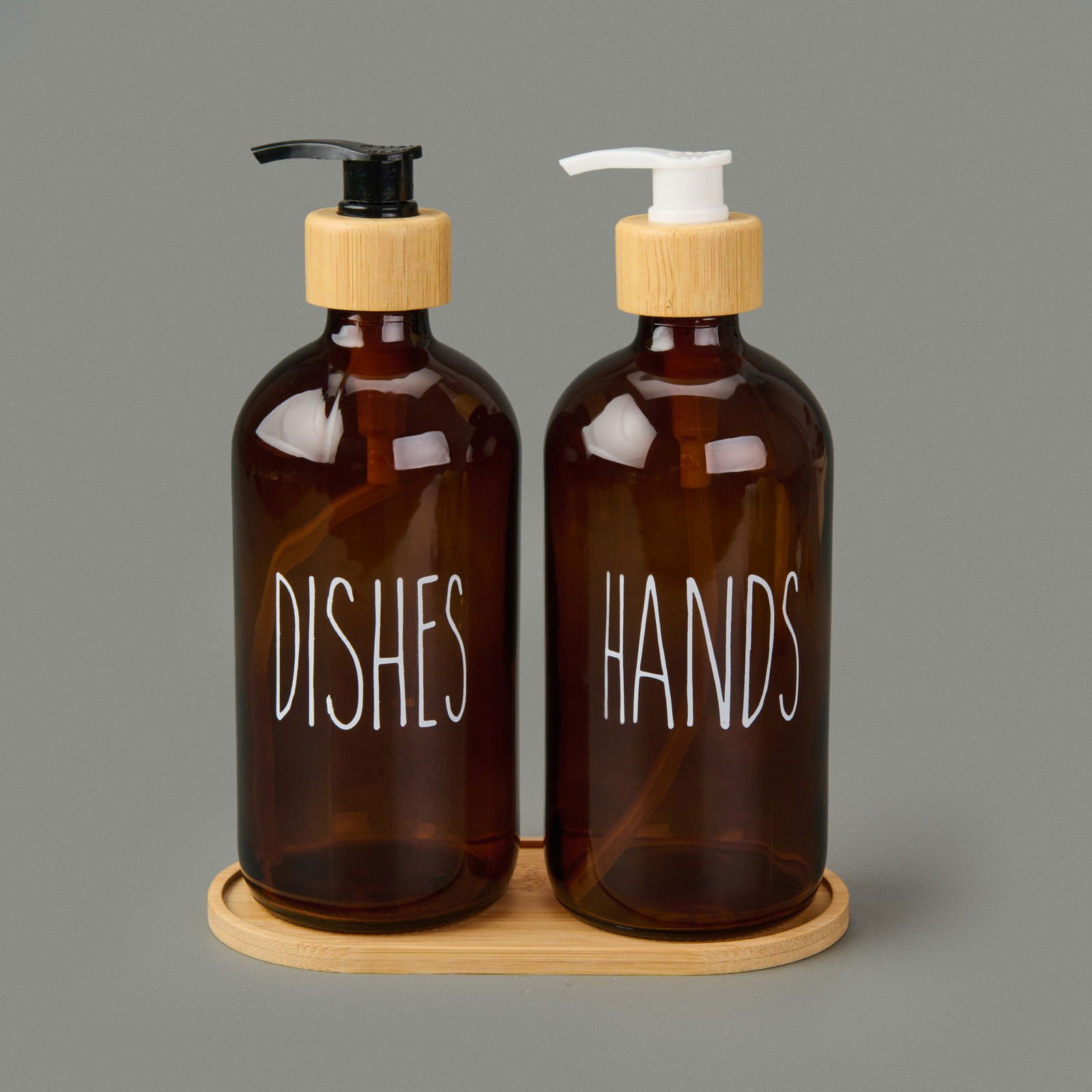 Star Ahşap Stantlı 2'li Cam Sıvı Sabunluk - Amber / Renkli