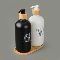 Star Ahşap Stantlı 2'li Cam Sıvı Sabunluk - Siyah / Beyaz