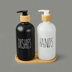 Star Ahşap Stantlı 2'li Cam Sıvı Sabunluk - Siyah / Beyaz