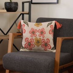Soft Çiçek Desenli Triko Kırlent Kılıfı - Bej - 45x45 cm
