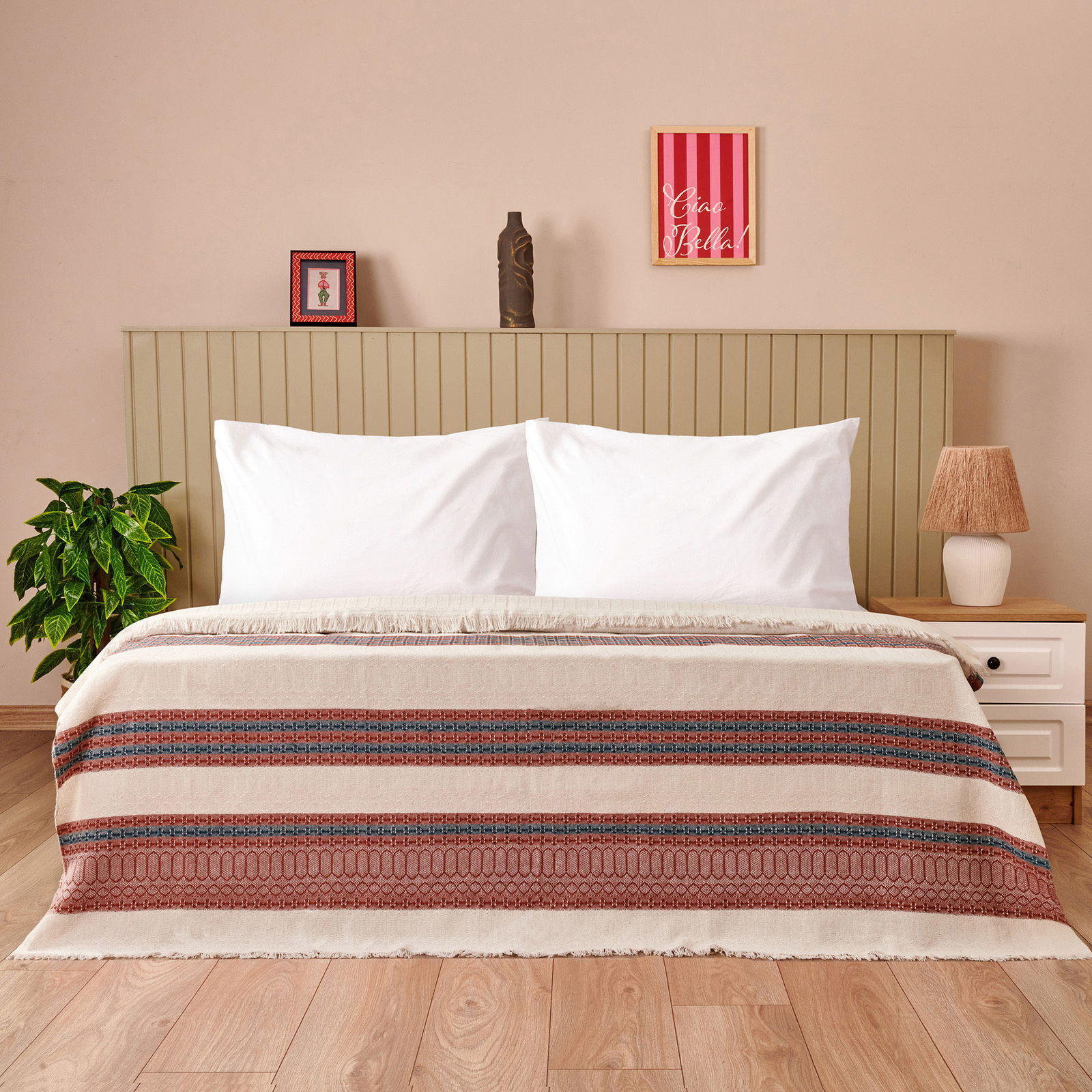 Soft Marun Çift Kişilik Yatak Örtüsü - Ekru / Kırmızı - 200x230 cm