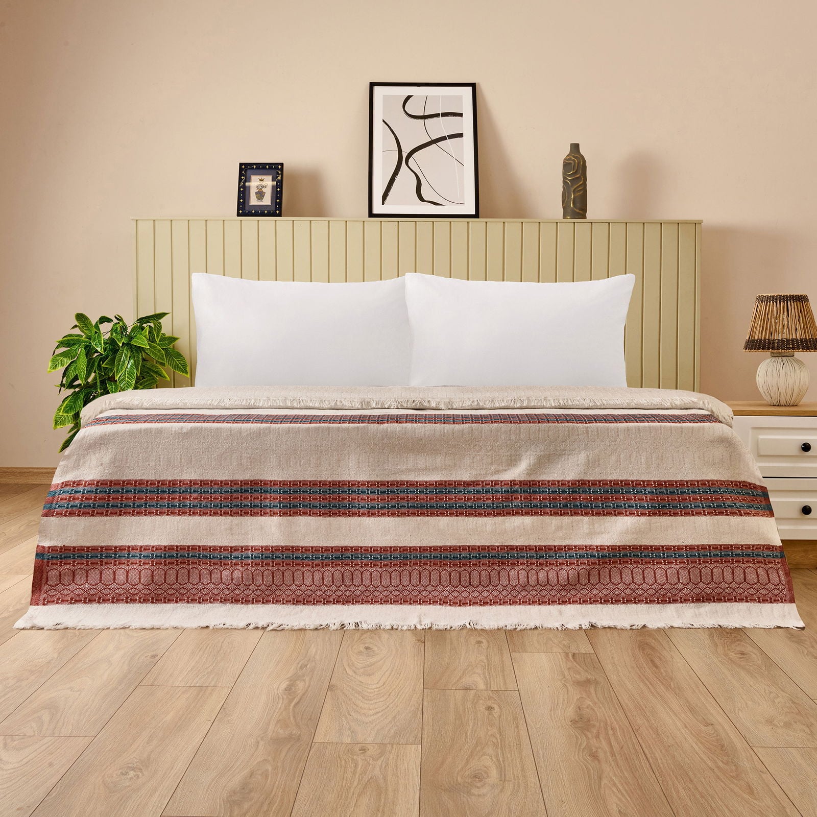 Soft Marun Tek Kişilik Yatak Örtüsü - Ekru / Kırmızı - 160x230 cm