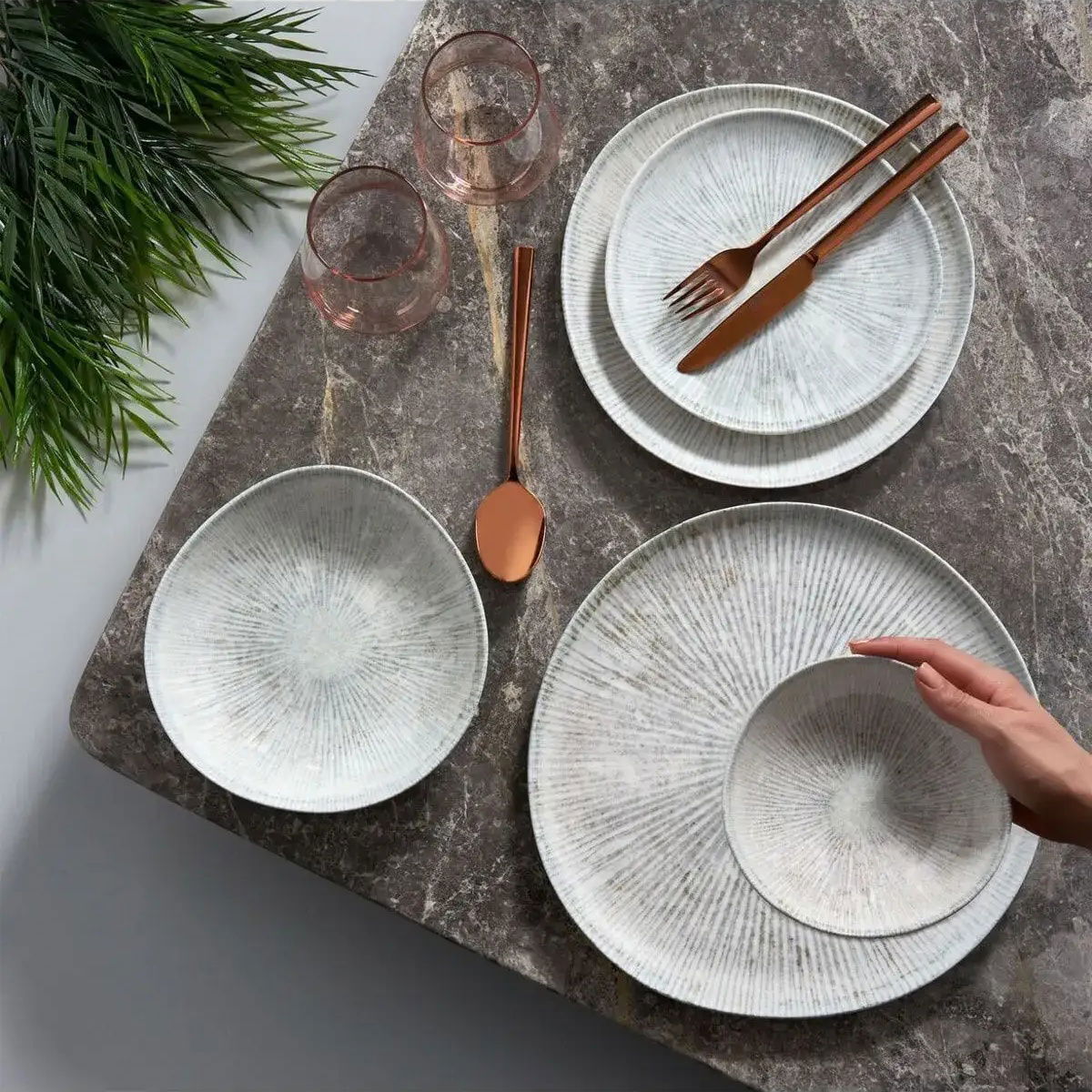 Porselen HRS Roden 24 Parça Yemek Takımı - Bej / Gri