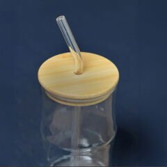 Bambu Kapaklı Pipetli Bardak - Açık Kahverengi / Şeffaf - 350 ml