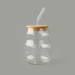 Bambu Kapaklı Pipetli Bardak - Açık Kahverengi / Şeffaf - 450 ml