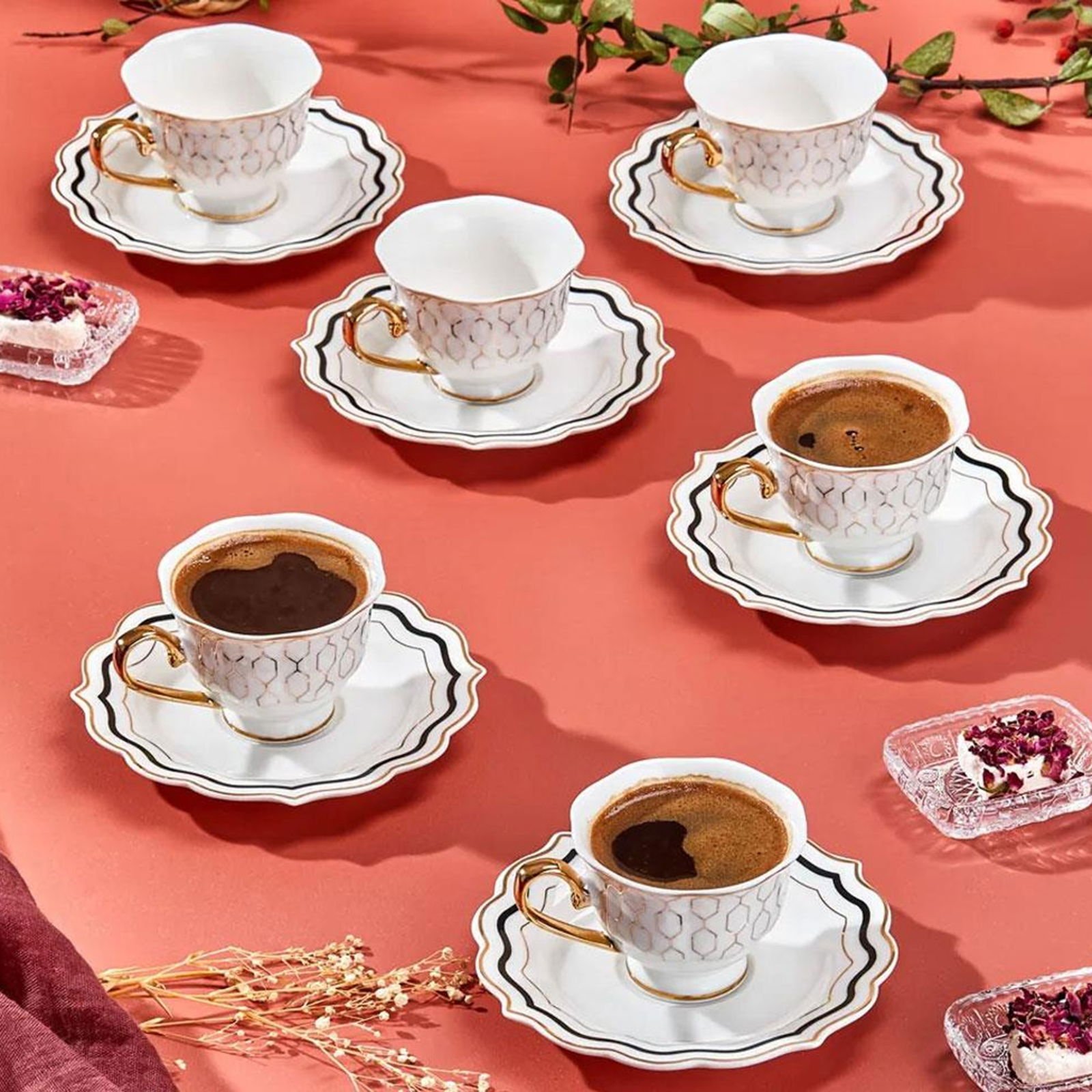 Valeria 6'lı Kahve Fincanı - Beyaz / Sarı