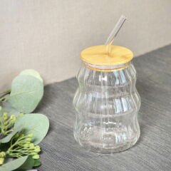 Bambu Kapaklı Pipetli Çizgili Bardak - Açık Kahverengi / Şeffaf - 450 ml