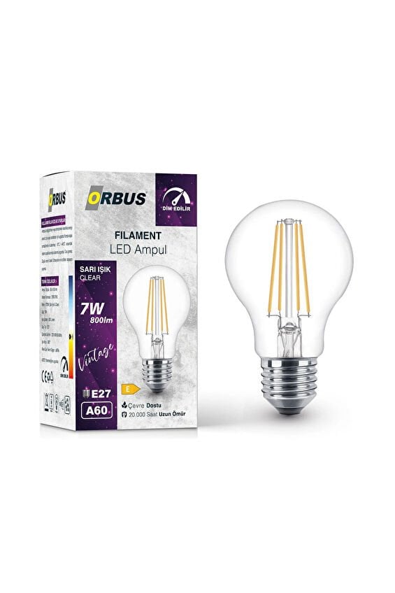 Orbus DİM Edilir LED Filament Ampul A60 7 Watt 700lm E27 Sarı Işık