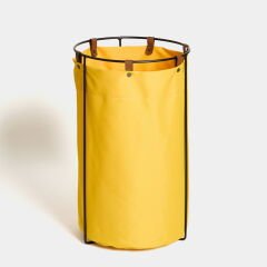 Edda Deri Askılı Metal Gövdeli Retro Çamaşır Sepeti - Sarı - 70 cm