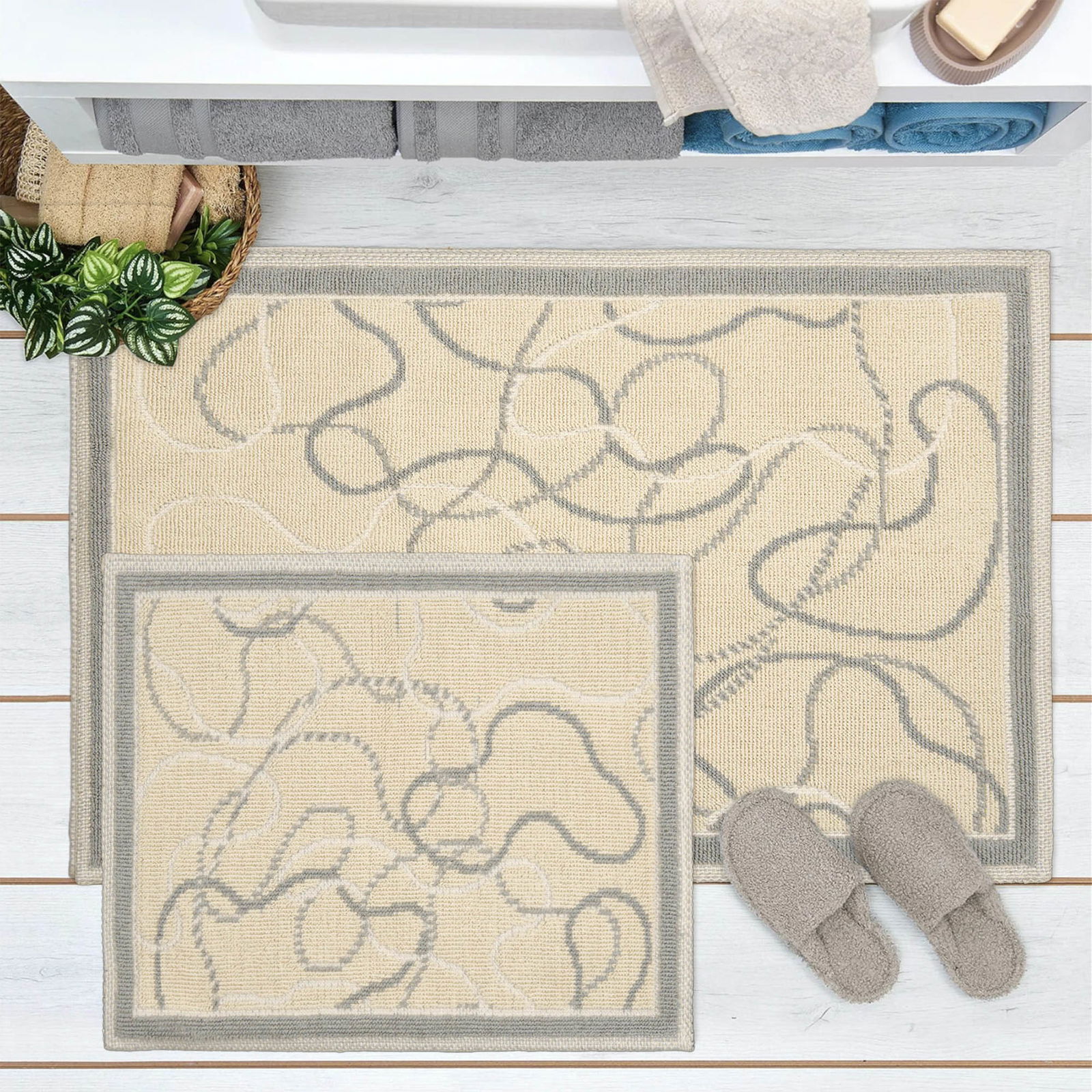 Soft Vonal 2'li Banyo Paspası - Bej - 60x100 cm + 50x60 cm