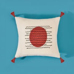 Soft Nakışlı Püsküllü Kırlent - Ekru / Kiremit - 40x40 cm