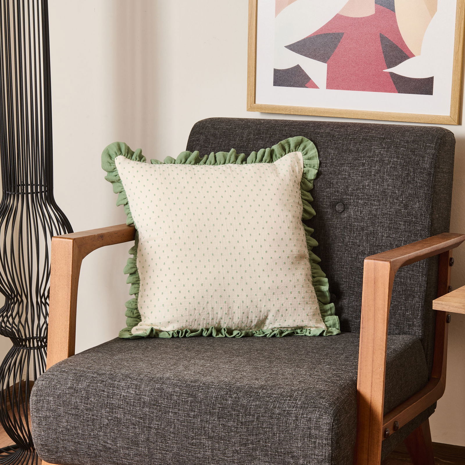 Soft Granny Summer Müslin Kırlent - Ekru / Yeşil - 40x40 cm