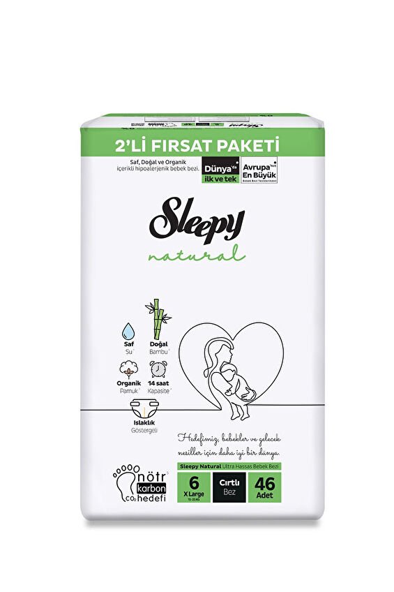 Sleepy Natural 2'li Fırsat (6) Numara X Large 46 Adet 15-25 kg Bebek Bezi