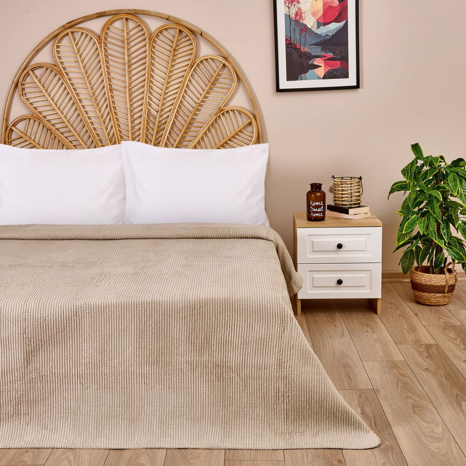 Soft Moza Pamuklu Tek Kişilik Battaniye - Bej - 150x200 cm
