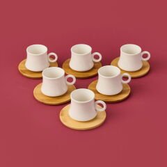 Bambu Tabaklı Dar Fincan Seti - Açık Kahverengi / Beyaz - 100 ml