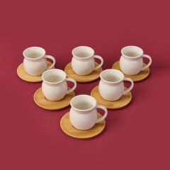 Bambu Tabaklı Geniş Fincan Seti - Açık Kahverengi / Beyaz - 100 ml