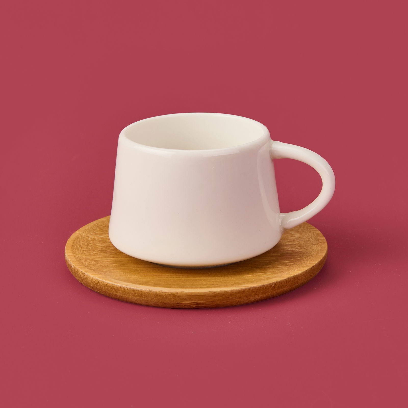 Bambu Tabaklı Fincan Seti - Açık Kahverengi / Beyaz - 90 ml