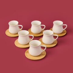 Bambu Tabaklı Çizgili Fincan Seti - Açık Kahverengi / Beyaz - 100 ml