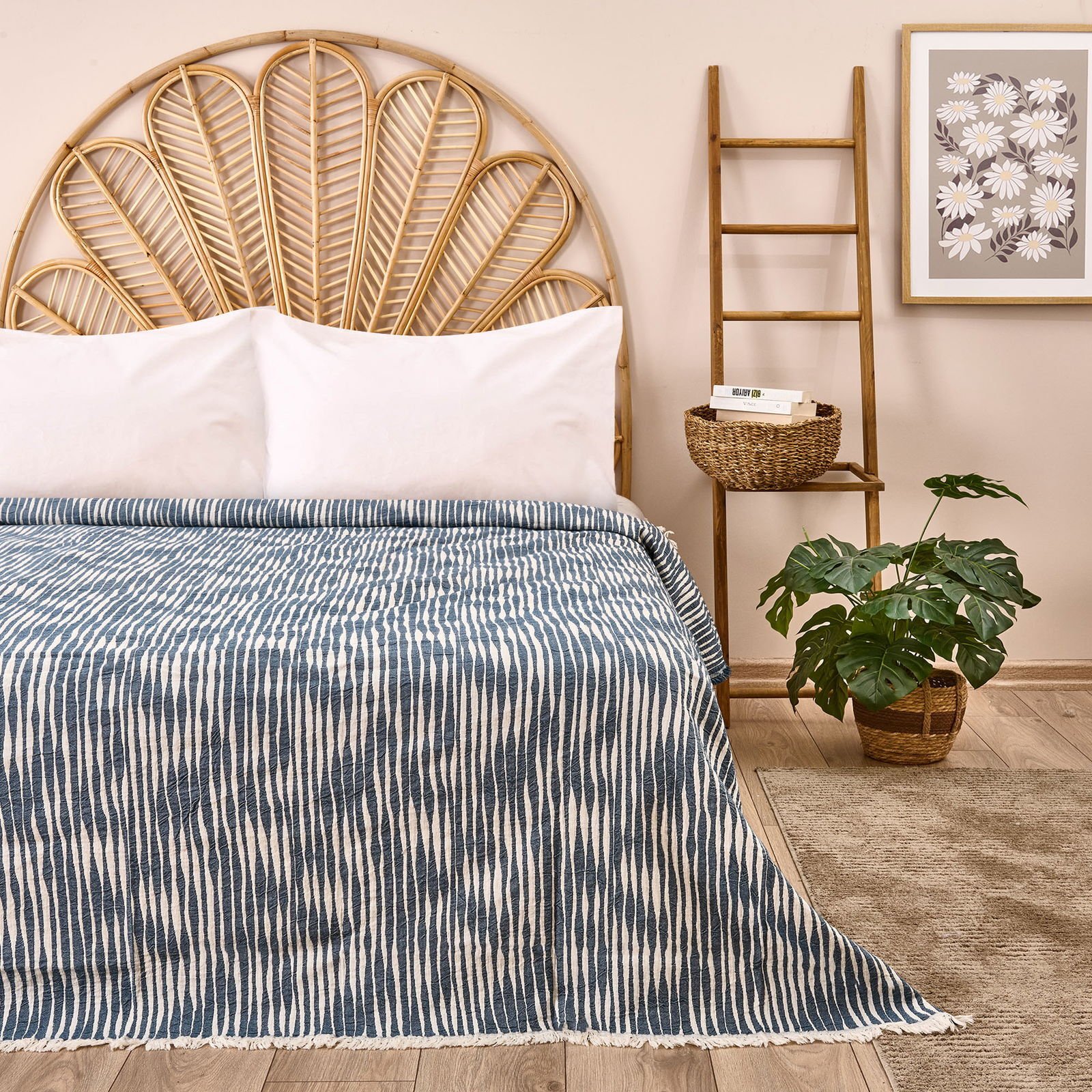 Soft Çift Kişilik Çizgili Yatak Örtüsü - Lacivert - 225x250 cm