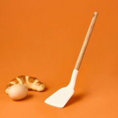 Ahşap Saplı Silikon Geniş Spatula - Krem / Kahverengi