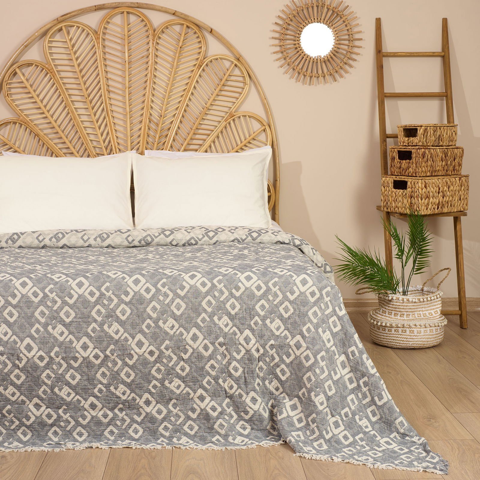 Soft Kuadrum Müslin Çift Kişilik Yatak Örtüsü - Gri - 200x220 cm