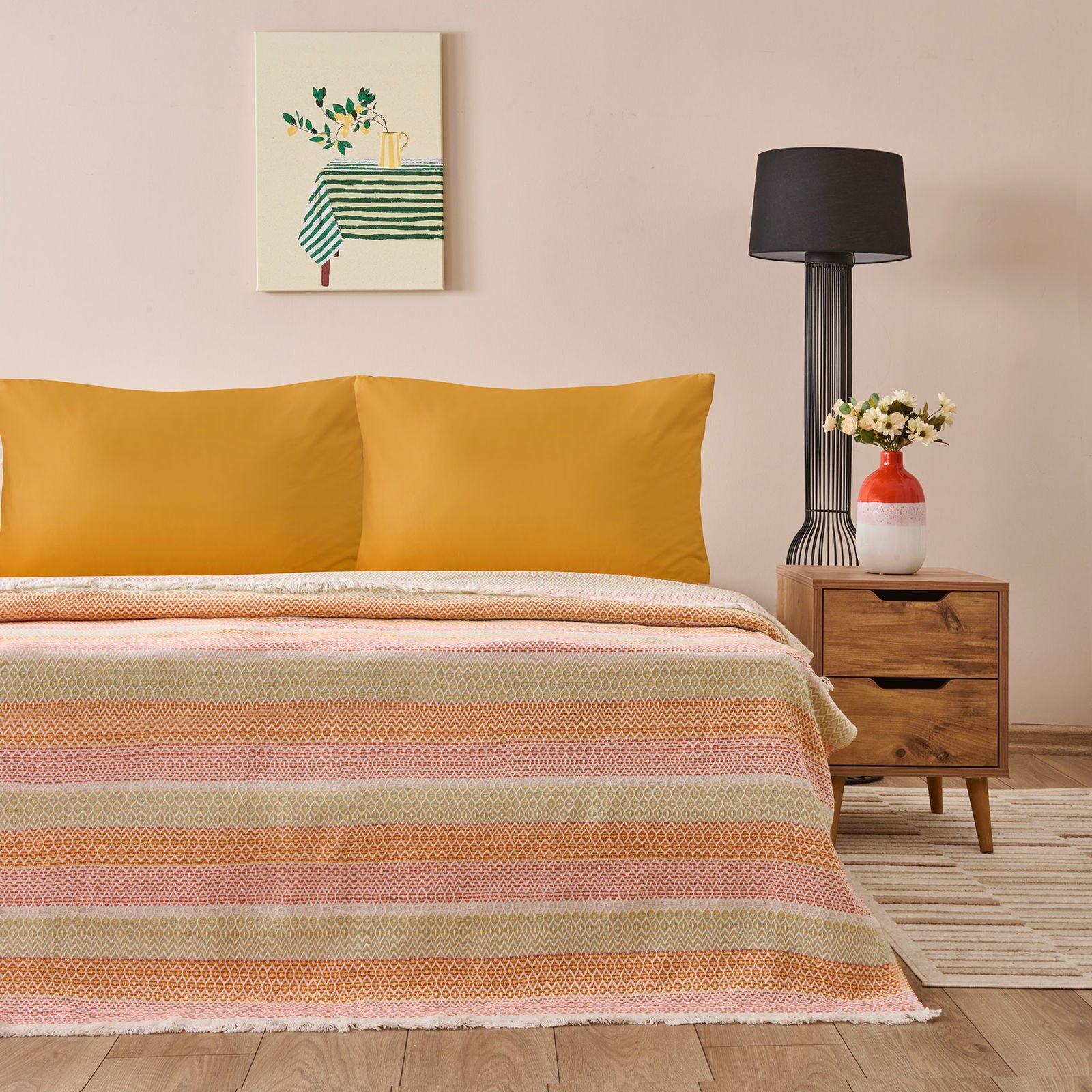 Soft Vita Tek Kişilik Pike - Ekru / Turuncu - 160x230 cm