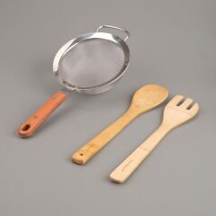 Ahşap Saplı Süzgeç - Gri / Kahverengi - 16 cm