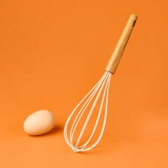 Ahşap Saplı Silikon Çırpıcı - Krem / Kahverengi - 24 cm