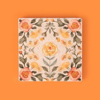 Kitchen Turuncu Çiçekli Taş Bardak Altlığı - Renkli - 10x10 cm