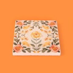 Kitchen Turuncu Çiçekli Taş Bardak Altlığı - Renkli - 10x10 cm