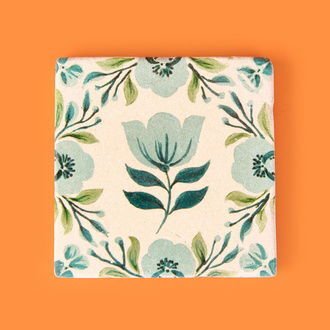 Kitchen Mavi Çiçekli Taş Bardak Altlığı - Renkli - 10x10 cm