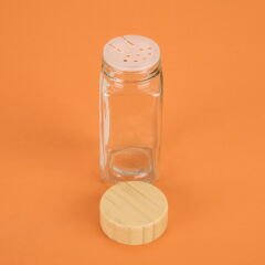 Bambu Kapaklı Etiketli Cam Baharatlık - Açık Kahverengi - 12 cm