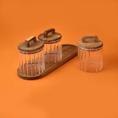 Akasya Kapaklı Cam Baharatlık Seti - Kahverengi / Şeffaf - 600 ml